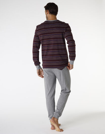 Pigiama lungo in interlock di cotone, bordeaux con righe multicolor, , LOVABLE