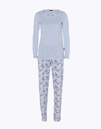 Pigiama donna lungo jersey 100% cotone, azzurro polvere, , LOVABLE