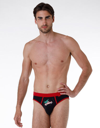 Slip uomo in cotone elasticizzato, nero con camion natalizio, , LOVABLE