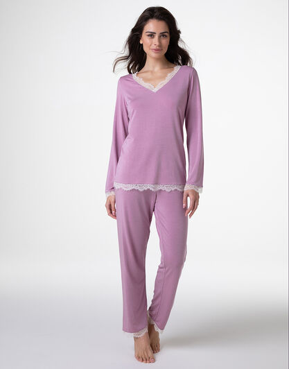 Pigiama Lungo scollo a V in Modal, rosa orchidea, , LOVABLE