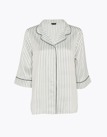 Camicia del pigiama con maniche a ¾ in satin, righe bianche e nere, , LOVABLE