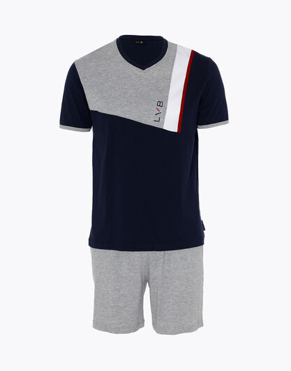 Pigiama corto uomo in jersey di cotone, grigio melange e blu navy, , LOVABLE