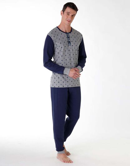 Pigiama lungo uomo in cotone interlock, grigio con stampa, , LOVABLE