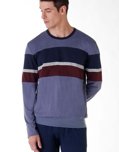 Pigiama lungo uomo in jersey di cotone, blu melange, , LOVABLE