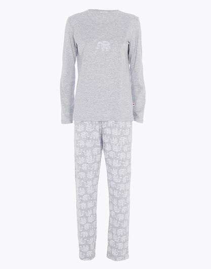 Pigiama lungo girocollo in jersey, grigio melange, , LOVABLE