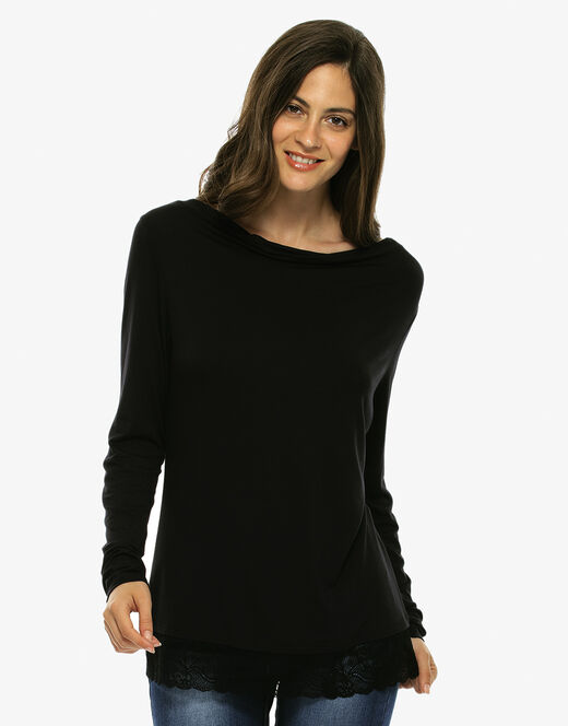 Maglia Manica Lunga Nero In Viscosa Con Pizzo Sul Fondo