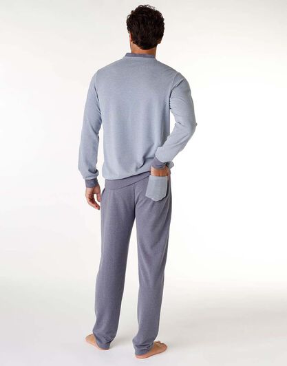 Pigiama lungo uomo in tessuto caldo, blu melange, , LOVABLE