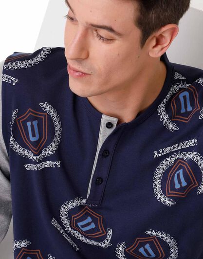 Pigiama uomo lungo in cotone interlock, blu navy con stampa, , LOVABLE