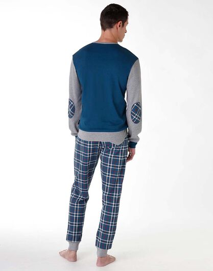 Pigiama lungo uomo in cotone interlock, blu petrolio, , LOVABLE