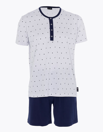 Pigiama corto serafino jersey, grigio riga e stampine allover, , LOVABLE