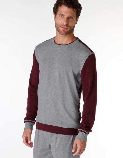 Pigiama uomo lungo in cotone interlock, grigio melange e bordeaux, , LOVABLE
