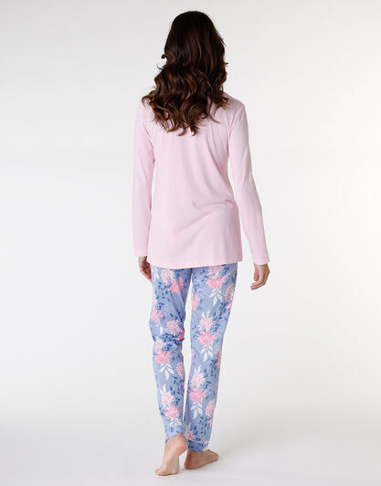 Pigiama lungo aperto in cotone modal, rosa con stampa floreale, , LOVABLE