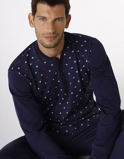 Pigiama in interlock di cotone, blu navy con micro-stampa puzzle , , LOVABLE