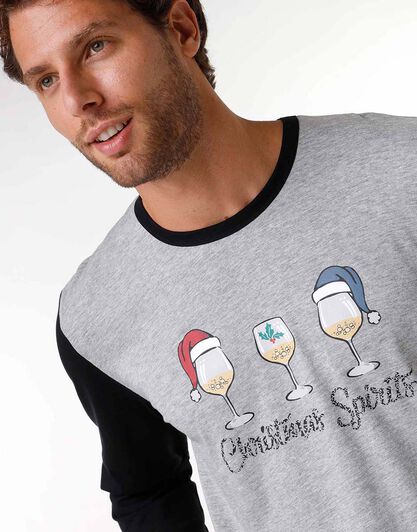 Pigiama lungo uomo in jersey di cotone, stampa Christmas Spirits, , LOVABLE