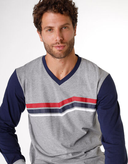 Pigiama lungo uomo in jersey di cotone, grigio melange e blu con stampa, , LOVABLE