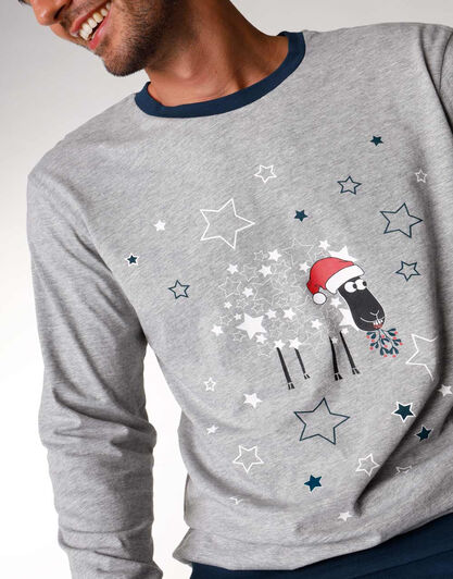 Pigiama uomo lungo in jersey di cotone, grigio melange con stampa natalizia, , LOVABLE