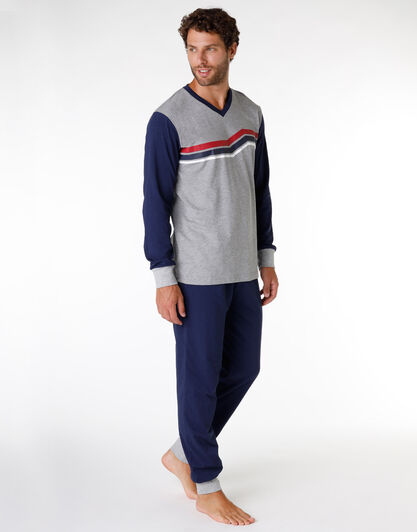 Pigiama lungo uomo in jersey di cotone, grigio melange e blu con stampa, , LOVABLE