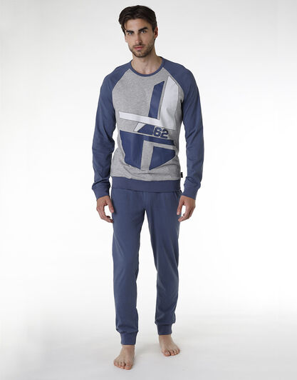Pigiama lungo uomo in jersey di cotone, grigio con stampa, , LOVABLE