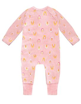 Tutina lunga per neonato con zip in cotone elasticizzato, rosa stampa arcobaleni, , LOVABLE