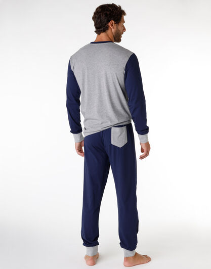 Pigiama lungo uomo in jersey di cotone, grigio melange e blu con stampa, , LOVABLE